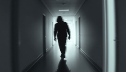 Person walking in long corridor. Blurred motion creates ghost effect. Dark colours, empty space suggest mystery fear. Interior setting implies building hospital hallway. Eerie atmosphere apparent.