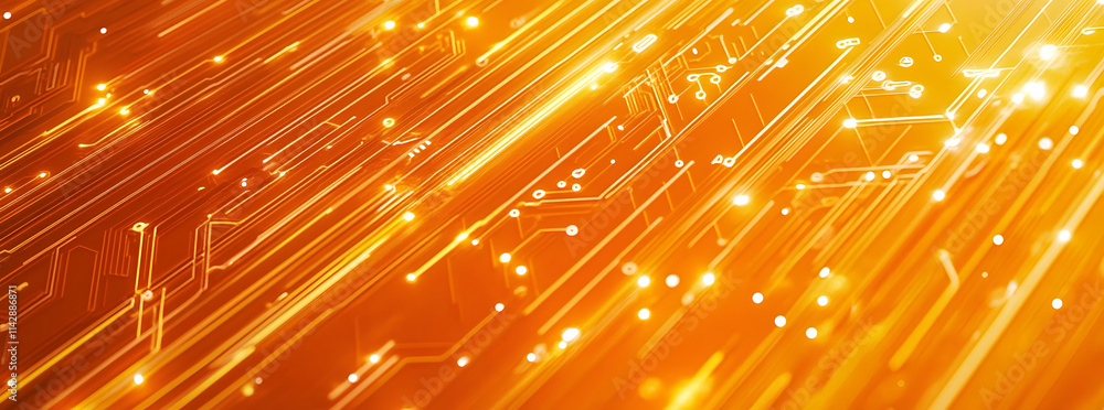 Poster abstract orange circuit board pattern with glowing lines. a high-tech digital background perfect for