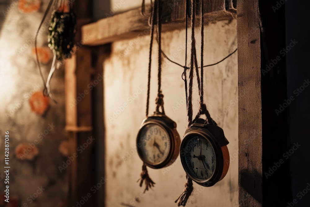 Poster A pair of clocks hanging from a wall, simple and functional design