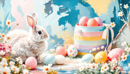 Easter banner with vibrant colors, decorated with eggs and flowers, perfect for conveying holiday wishes and greetings. A festive design that captures the spirit of Easter celebrations.
