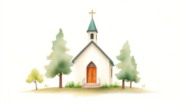 recommend clip art: Small picturesque church stands in rural landscape. Rich green trees surround building. Church painted in light beige color with teal roof, brown wooden door. Scene evokes sense of peace, serenity.