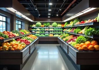 sleek display cases showcase vibrant fruits vegetables herbs futuristic grocery