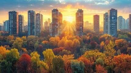 Obraz premium A vibrant sunset over a city skyline surrounded by autumn foliage.