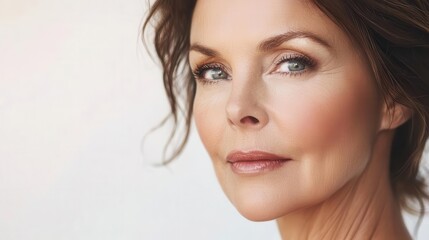 Fototapeta premium mature woman radiates beauty against a crisp white background, embodying skincare elegance. her flawless skin and confident expression highlight the importance of self-care and empowerment in beauty
