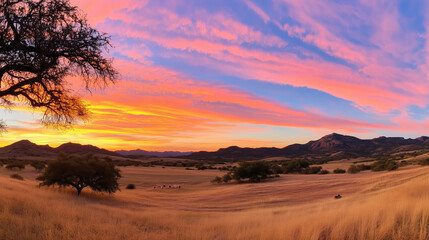 Naklejka premium Colorful sunset over rolling hills and fields showcases nature's beauty in a tranquil landscape setting