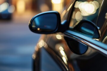 Naklejka premium A close-up shot of a car's side view mirror, useful for automotive or travel related themes