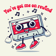 Retro groovy cassette for Valentine's Day. You’ve got me on rewind quote. Vector illustration.