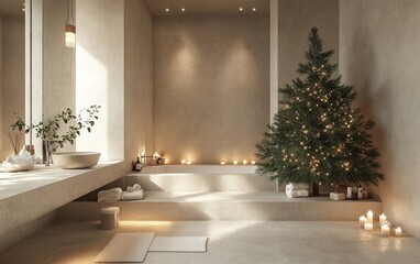 A serene bathroom with natural textures, glowing candles, and a small Christmas tree adorned with minimalistic decorations