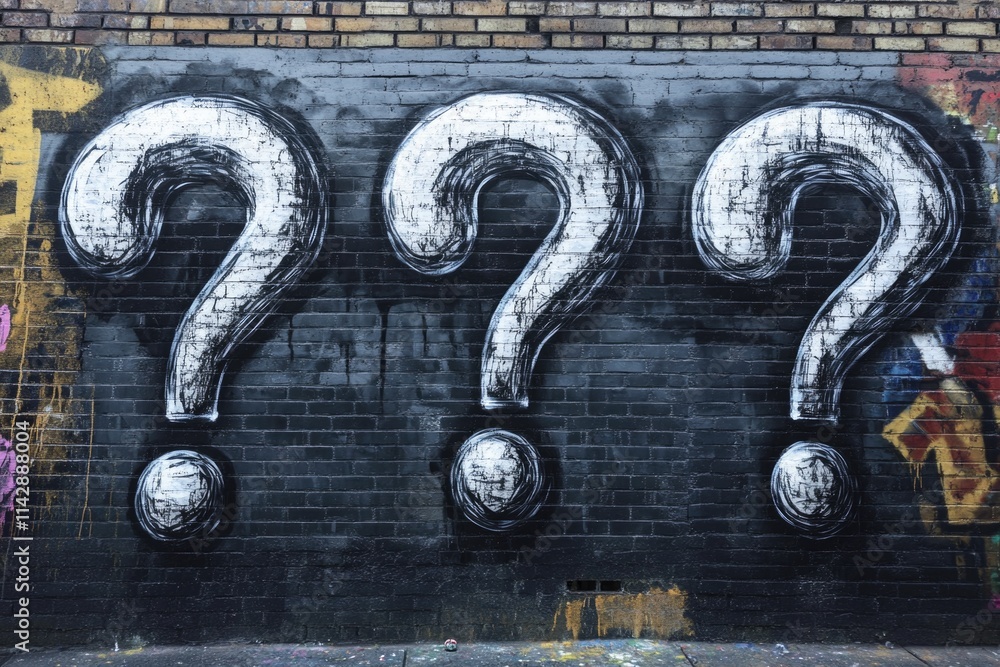 Poster A brick wall with three painted question marks, great for adding a mysterious or thought-provoking touch to your project
