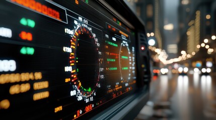 Neon-lit monitors with colorful fluctuating graphs create a futuristic city background buzz, embodying digital dynamism and urban life.