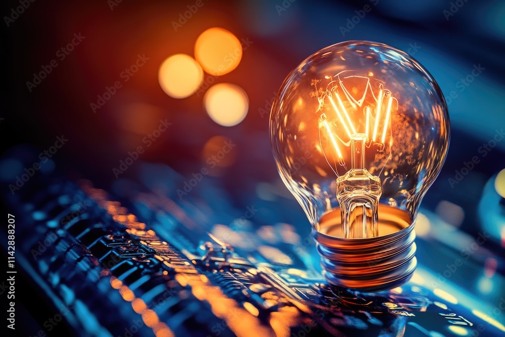 Poster a light bulb sits on top of a keyboard, ready to provide illumination for typing tasks