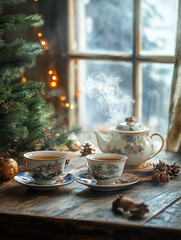 Steaming Chinese tea set by a winter window for a holiday.
