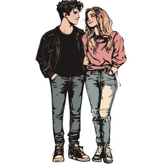 Cute Couple with Grunge Style Vector Illustration | Edgy and Retro Fashion Artwork for Logos & Digital Designs  
