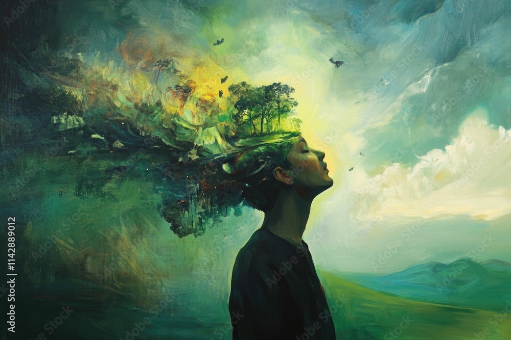 Poster a surreal image of a man wearing a tree as a hat, perfect for use in illustrations and graphics