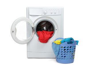 Washing machine and laundry basket with colorful clothes isolated on white