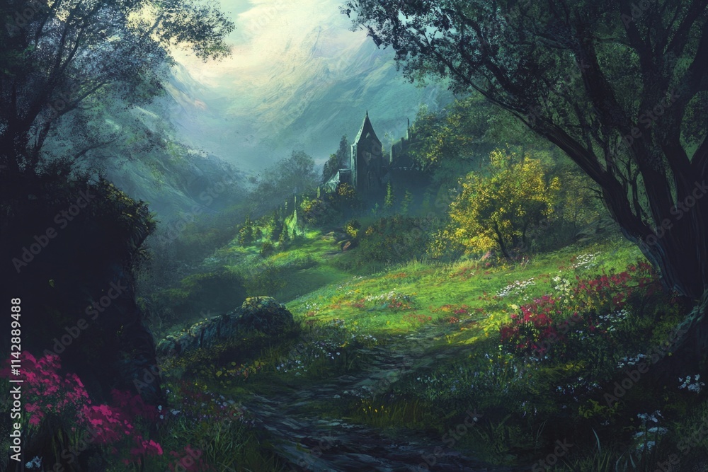 Poster a medieval-style castle surrounded by trees and foliage in a dense forest