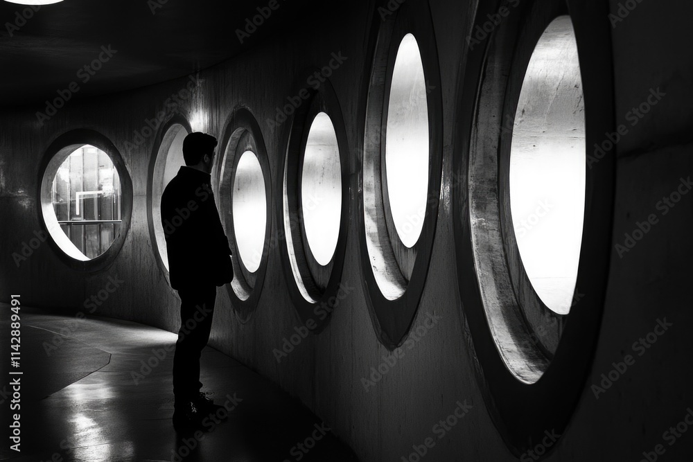 Poster a person stands in front of a building with rounded windows, providing a sense of curiosity and expl