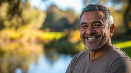 Fototapeta premium middle-aged latino man, joyful expression, enjoying a serene park by a lake, sunlit, relaxed, capturing the essence of contentment and natural beauty