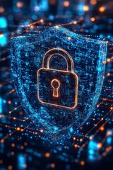 A digital shield with a lock symbol, representing cybersecurity and data protection in a tech environment.