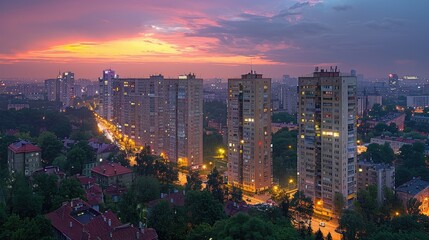 Obraz premium A vibrant urban skyline at sunset with residential buildings and city lights.