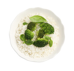 Tasty rice with broccoli in bowl isolated on white