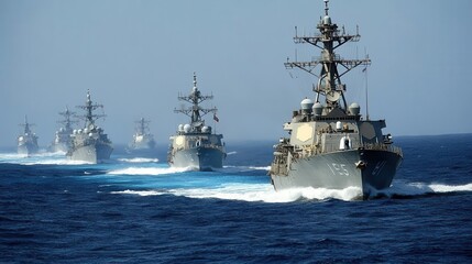 military ships sail through the pacific ocean, forming part of a carrier strike group. the powerful vessels project strength and precision, set against a backdrop of vast blue waters and skies