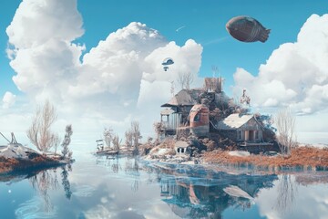 Obraz premium A small house on a peaceful island surrounded by blue waters, with a colorful balloon floating high in the sky