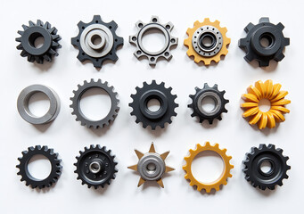 tidy collection shapes colors displays precision engineered machine parts neatly arranged white