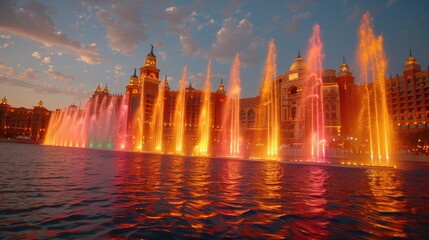 A vibrant water fountain display illuminated by colorful lights at dusk.