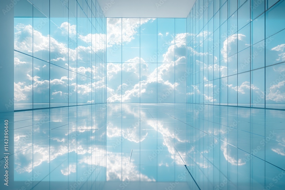 Poster a large room with a clear view of the sky reflected on the floor
