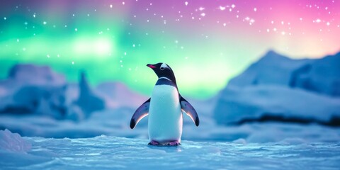 Obraz premium A majestic penguin stands on the icy ground under a colorful aurora borealis. This captivating scene highlights the beauty of nature. Perfect for wildlife and travel themes. AI