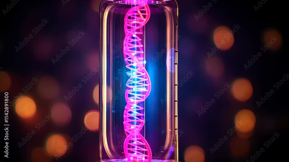 Poster dynamic neon light display of a swirling helix dna in a glass container
