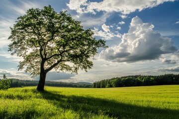 A solitary tree stands tall in a lush green grass field, surrounded by a partly cloudy sky