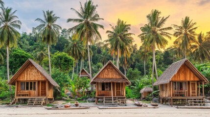 Obraz premium Scenic Wooden Cabanas Among Palm Trees at Sunset