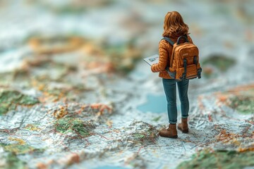 A woman stands on a map, likely planning or preparing for a journey