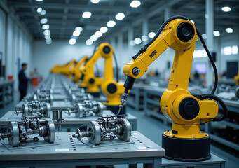 yellow industrial robots assemble parts modern factory floor advanced machinery