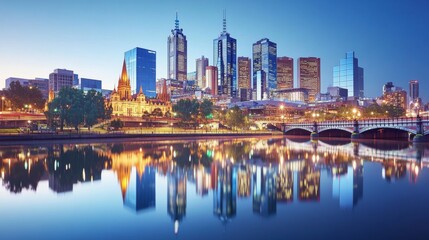 Fototapeta premium Serene Lake Reflection at Dawn with Cityscape