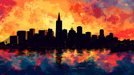 Stylized silhouette of a city skyline against a colorful sunset, capturing the essence of urban beauty and modern architecture. Nocturne. Illustration