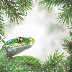 Fototapeta premium Green snake against the background of a snow-covered fir tree, on white background, empty white frame for text, copy space. Symbol of 2025 year of the Snake, picture for postcard and poster calendar