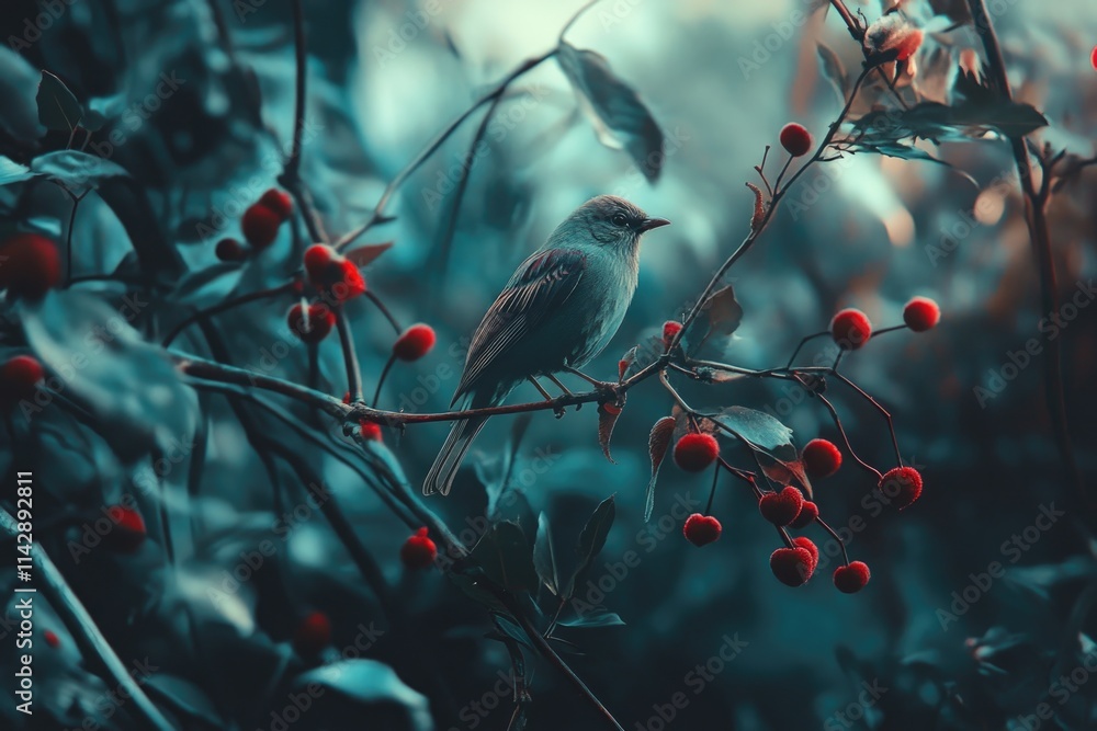 Poster a small bird sits comfortably on a branch of a tree, looking out into the distance