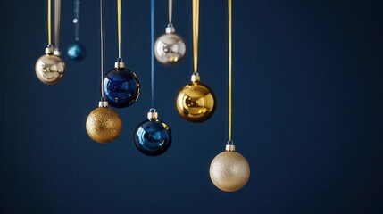 minimalistic christmas scene with golden and blue glass balls hanging on ribbons against a navy blue background, evoking elegance and festive spirit