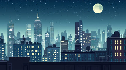 Naklejka premium Urban nocturne rooftop view of city skyline at night wideangle cityscape. Nocturne. Illustration