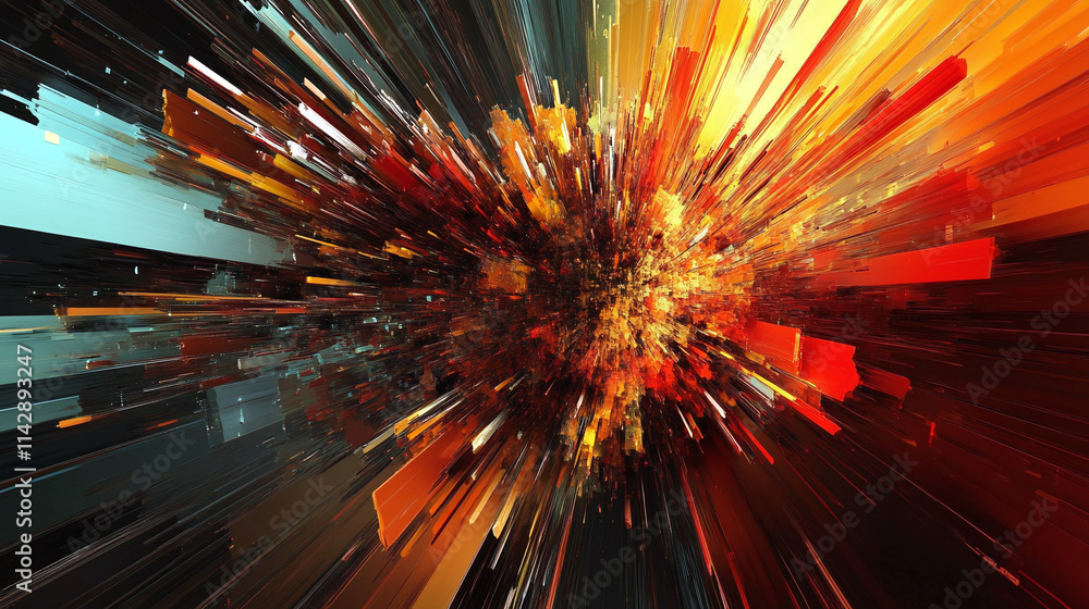 Poster an abstract painting resembling an explosion or a flash of light. in the center of the composition t