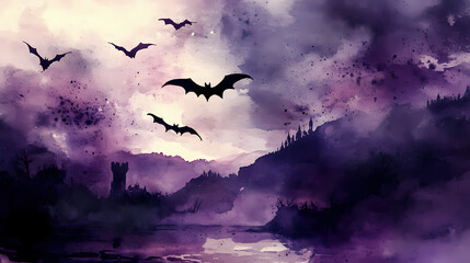 Fototapeta premium Vampire bats soaring over a haunted landscape in dark and atmospheric watercolor. Nocturne. Illustration