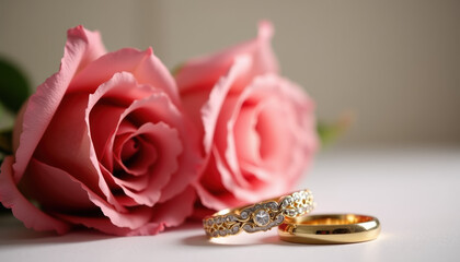 Close up of pastel pink roses alongside two gleaming gold wedding rings, beautifully representing romance and cherished memories.