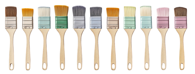 row of twelve assorted paint brushes with wooden handles on a transparent background