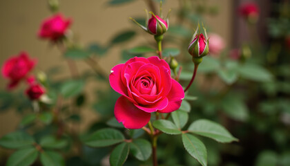 Close up of a pink rose bush with vibrant blossoms showcasing the beauty of nature in a fresh garden setting.