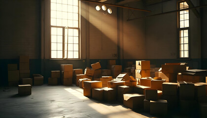 Cajas de cartón viejas en un almacén abandonado y sin personas