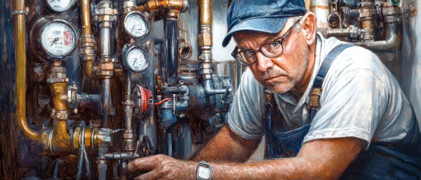 Focused male plumber expertly installing water pipes in a busy workshop filled with tools and machinery