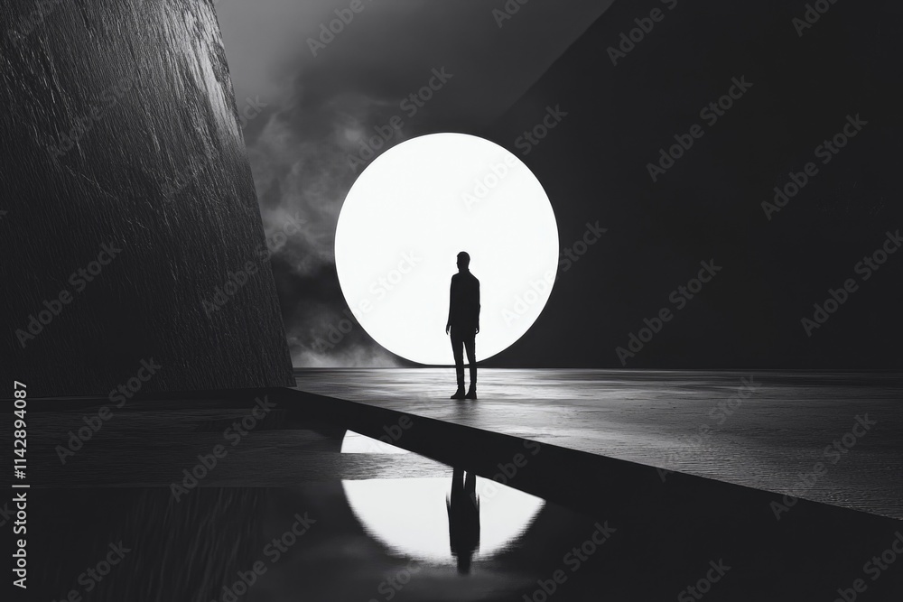 Poster a man stands in front of a large light, suitable for use as an icon or illustration